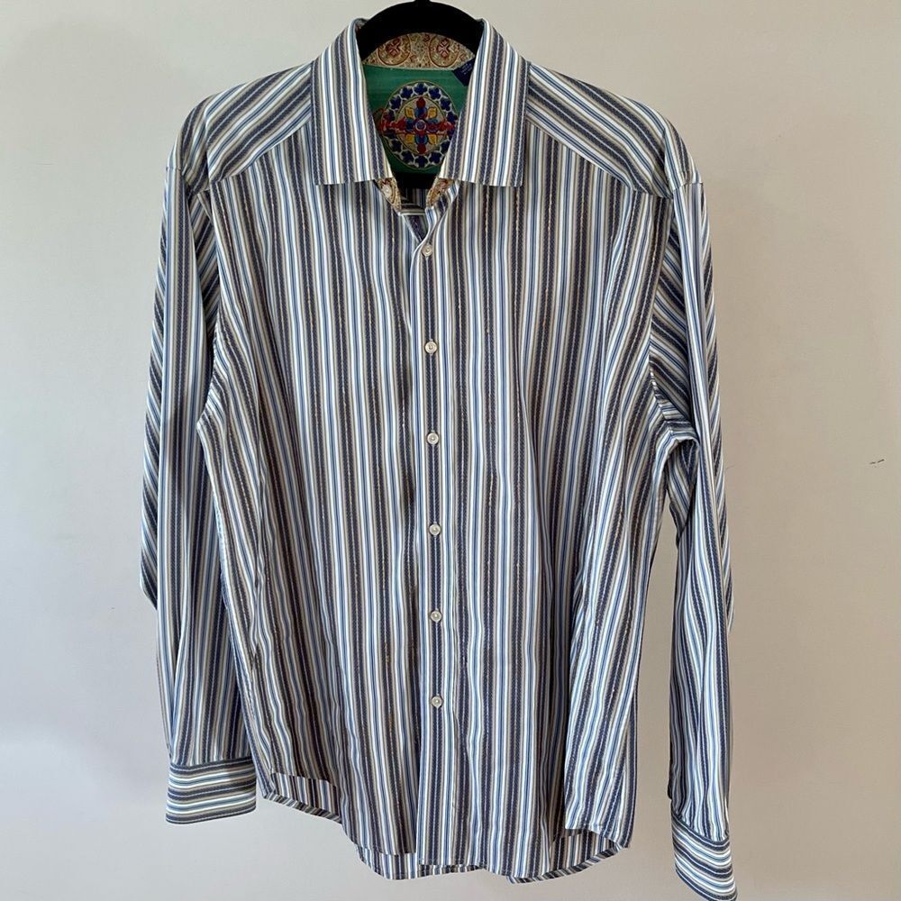 Robert Graham Men’s Large Flip Cuff Silk & Cotton Striped Button Down Shirt
